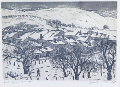 une image représentant un dessin d'un village au milieu d'un champ enneigé
