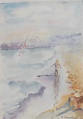 a watercolor painting of a man on a surfboard on the beach