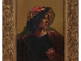 a painting of a woman in a red headdress and a gold frame