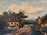 an oil painting of a country road with a house and a horse