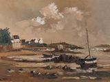a painting of a boat on the water near a shore