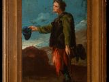 painting of a man holding a blue hat and a blue bag
