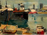 une peinture de bateaux amarrés dans un port par une journée ensoleillée