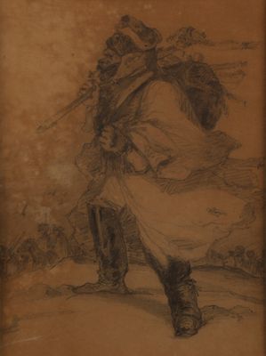 un vieux dessin représentant un homme avec un chapeau et un long manteau