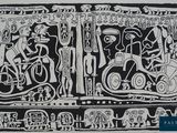 an image of a black and white drawing of people on bicycles