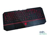 a black keyboard with red keys on a white background