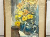 a painting of flowers in a vase on a table
