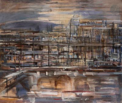 painting of a view of a city with a bridge over a body of water