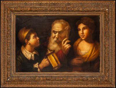 un vieux tableau représentant un homme avec deux enfants et un autre homme tenant un livre