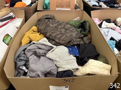 a box full of clothes that is sitting on the floor