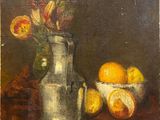 an oil painting of a vase of flowers and fruit on a table