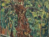 une peinture à l'huile représentant un arbre dans un parc avec un banc