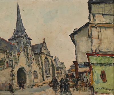 peinture d'une scène de rue avec une église en arrière-plan