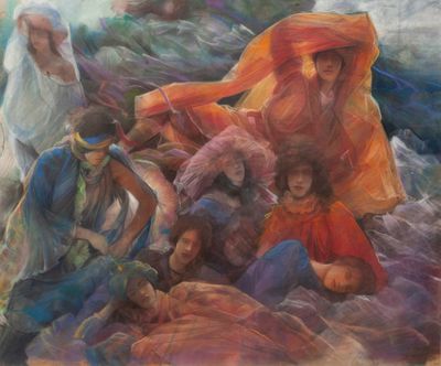 an oil painting of a group of people sitting on a pile of rocks