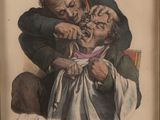 une vieille photo montrant un homme en train de se faire brosser les dents par un autre homme
