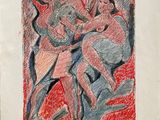 une image représentant deux femmes vêtues d'une robe rouge et d'une robe bleue