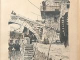 reproduction d'une vieille photo représentant un bâtiment devant lequel est garé un camion de pompiers