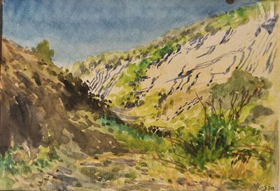 une aquarelle représentant un chemin de terre dans les montagnes