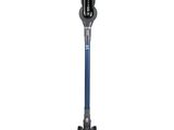 a black and blue vacuum cleaner on a white background