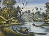 un tableau représentant un village au bord de l'eau, avec des gens sur des bateaux