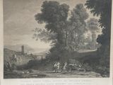 an old engraving of a landscape with people and animals in the foreground and a castle in the background