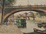 a painting of a bridge over a body of water