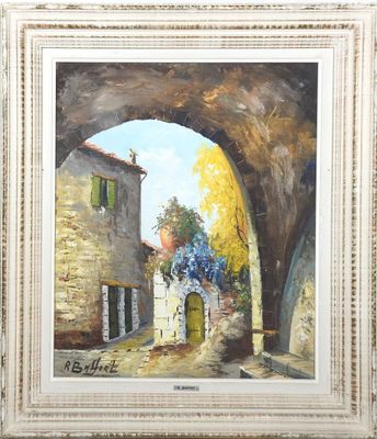 une peinture à l'huile représentant une scène de rue avec un bâtiment et un vase