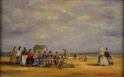 painting of a group of people on a beach with a horse drawn carriage