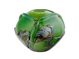 a green vase with a bird on it on a white background