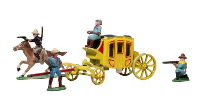 toy figurines of a horse drawn carriage with a man on a horse