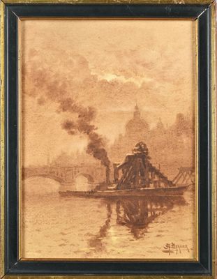 un tableau représentant un bateau d'où s'échappe de la fumée