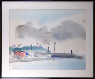 a watercolor painting of a beach scene with umbrellas
