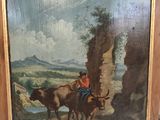 a picture of a painting of a man riding on a bull