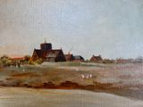 an oil painting of a farm scene with sheep grazing in the field
