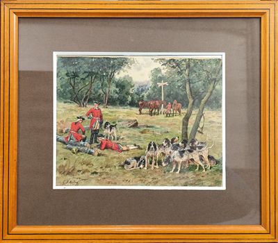 tableau encadré représentant une scène de chasse avec un homme et des chiens