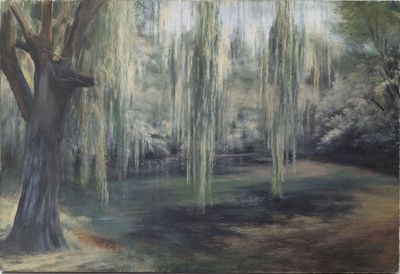 un tableau représentant un grand arbre au milieu d'un parc