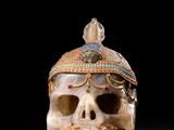a close up of a skull with a hat on it ' s head