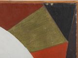 an image of a painting of a white circle with a red, black, green, and orange design