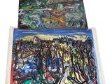 two paintings of people in a field and a painting of trees
