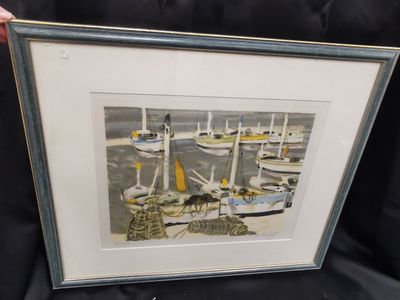 painting of boats in a harbor with a person holding a framed picture