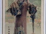 tableau représentant une femme en robe tenant un éventail et une horloge