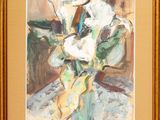 une peinture de fleurs dans un vase sur une table