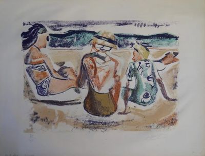 tableau représentant trois personnes assises sur une plage, avec un chien dans le sable