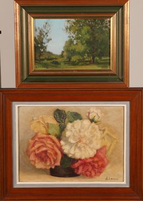 A. LECREUX (XXe siècle) Nature morte aux roses - Paysage