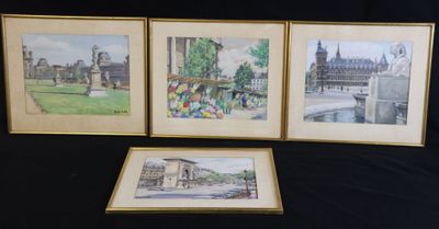 trois photos encadrées représentant une ville avec une tour horloge en arrière-plan