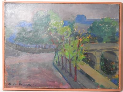 une peinture représentant une peinture d'un pont enjambant une rivière