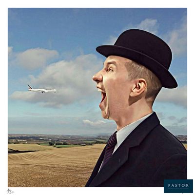 a man wearing a hat and a suit with his mouth wide open in front of a plane