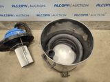 a metal bucket with a hose and a plastic ball inside of it