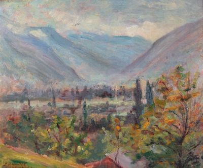 l'image d'un tableau représentant un paysage avec des montagnes en arrière-plan
