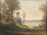 an image of a painting of a landscape with trees and a building